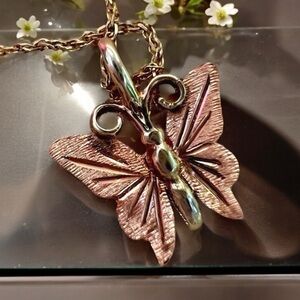 Vintage Solid 10K Gold Estate Butterfly Pendant 2- Tone Yellow Gold/Rose Gold